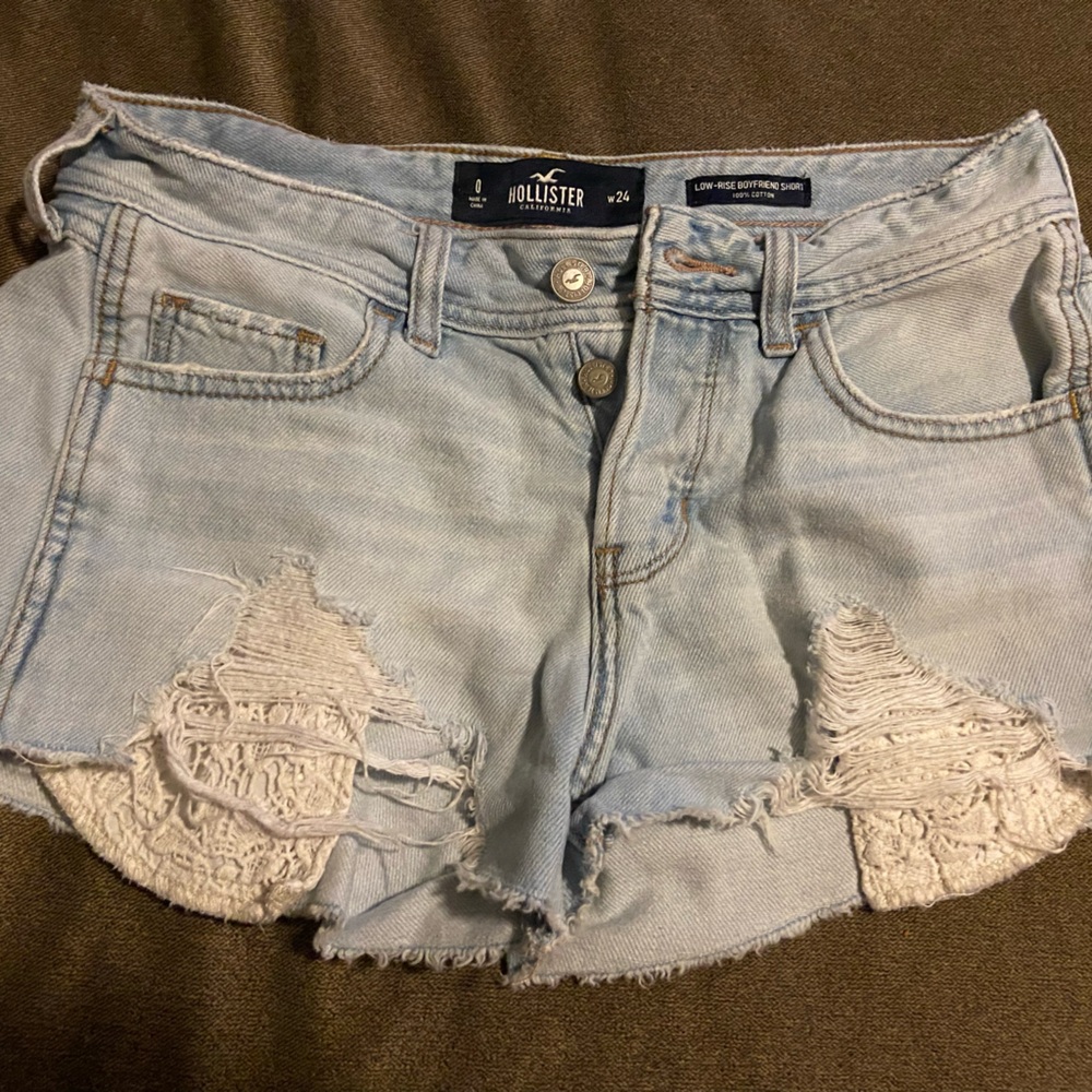 Hollister Blue Distressed Jean Shorts with Lace Accents